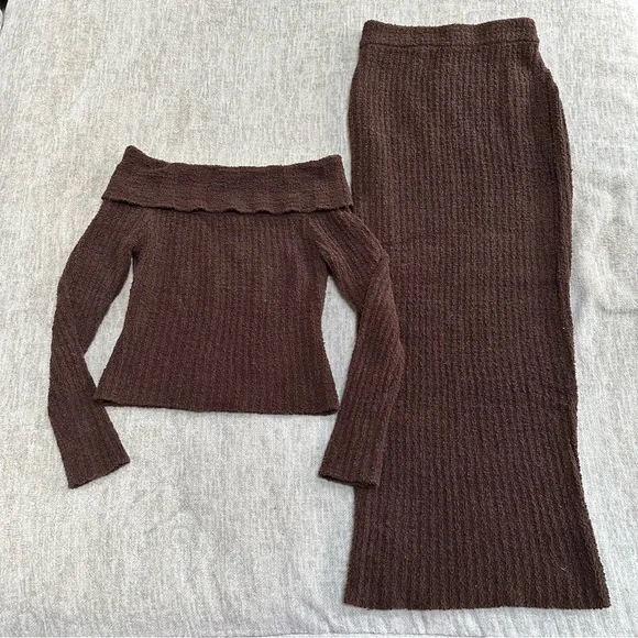 House of CB Brown “Saffron” Off Shoulder Knit Top and “Sloane” Skirt Set Small S - Picture 5 of 12